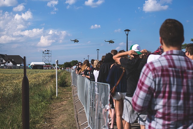 An image capturing the vibrant energy of a music festival with a long line of excited attendees.