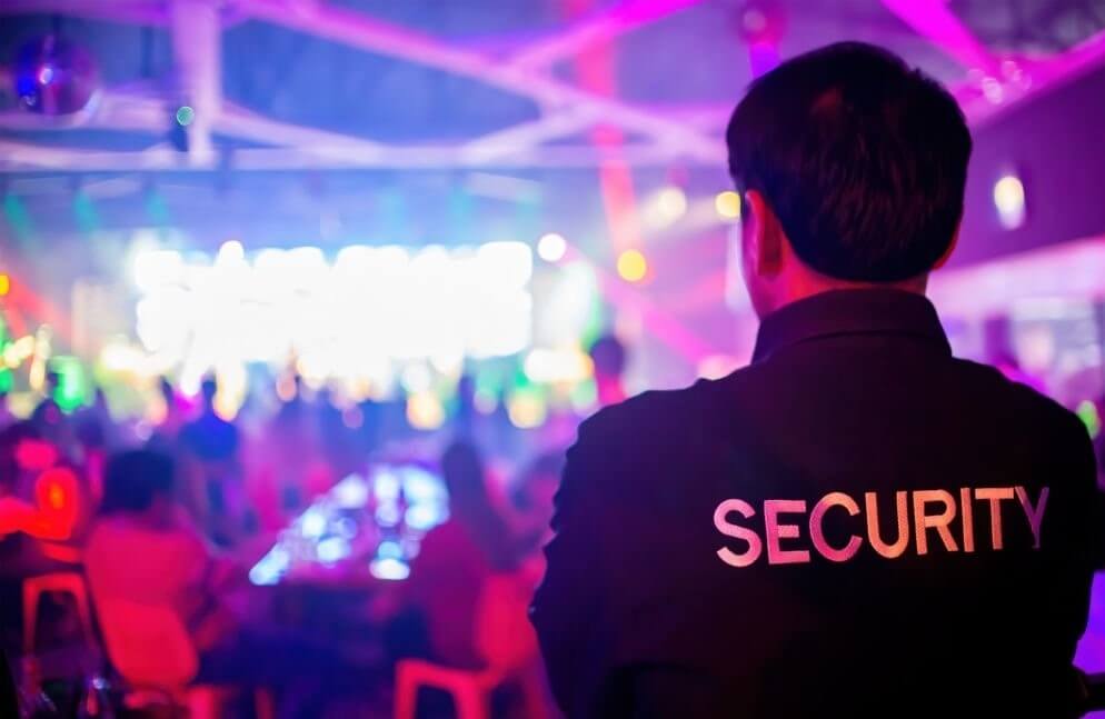 An image of a vigilant security guard at a music festival, ensuring safety and order.